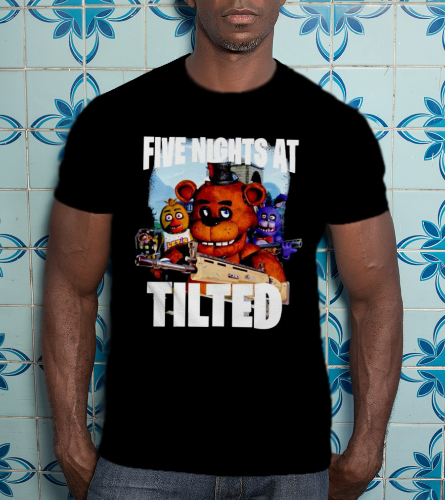 Five Nights At Tilted Freddy Bear Characters With Guns T-Shirt