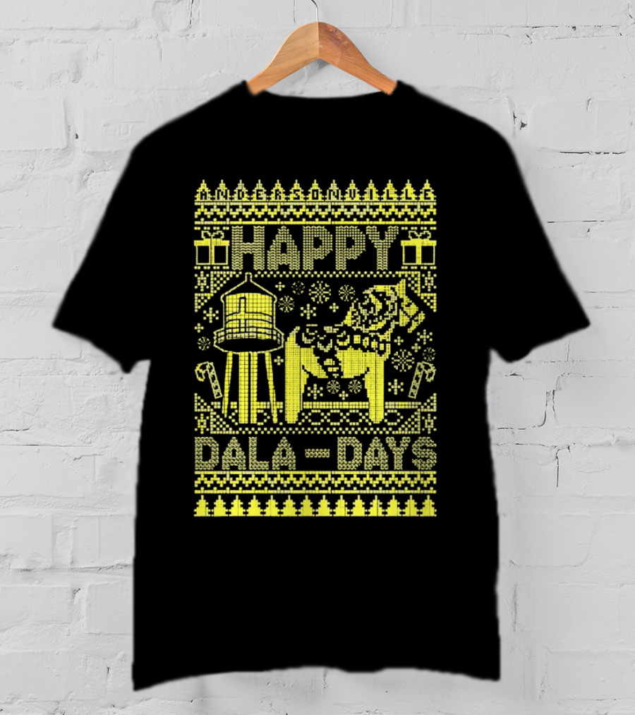 Andersonville Happy Dala Days Christmas Sweater Pattern With Water Tower And Dala Horse T-Shirt