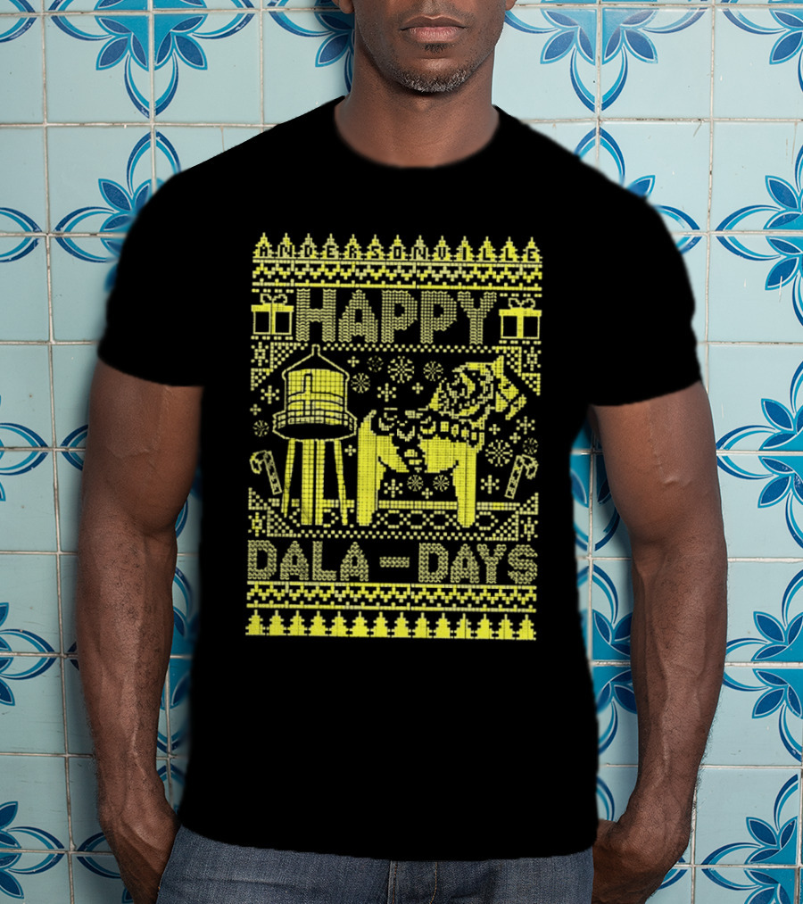 Andersonville Happy Dala Days Christmas Sweater Pattern With Water Tower And Dala Horse T-Shirt