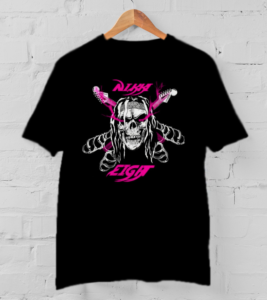 Nikki Eight Eight Skull Crossbones Guitars Pink Bandana T-Shirt