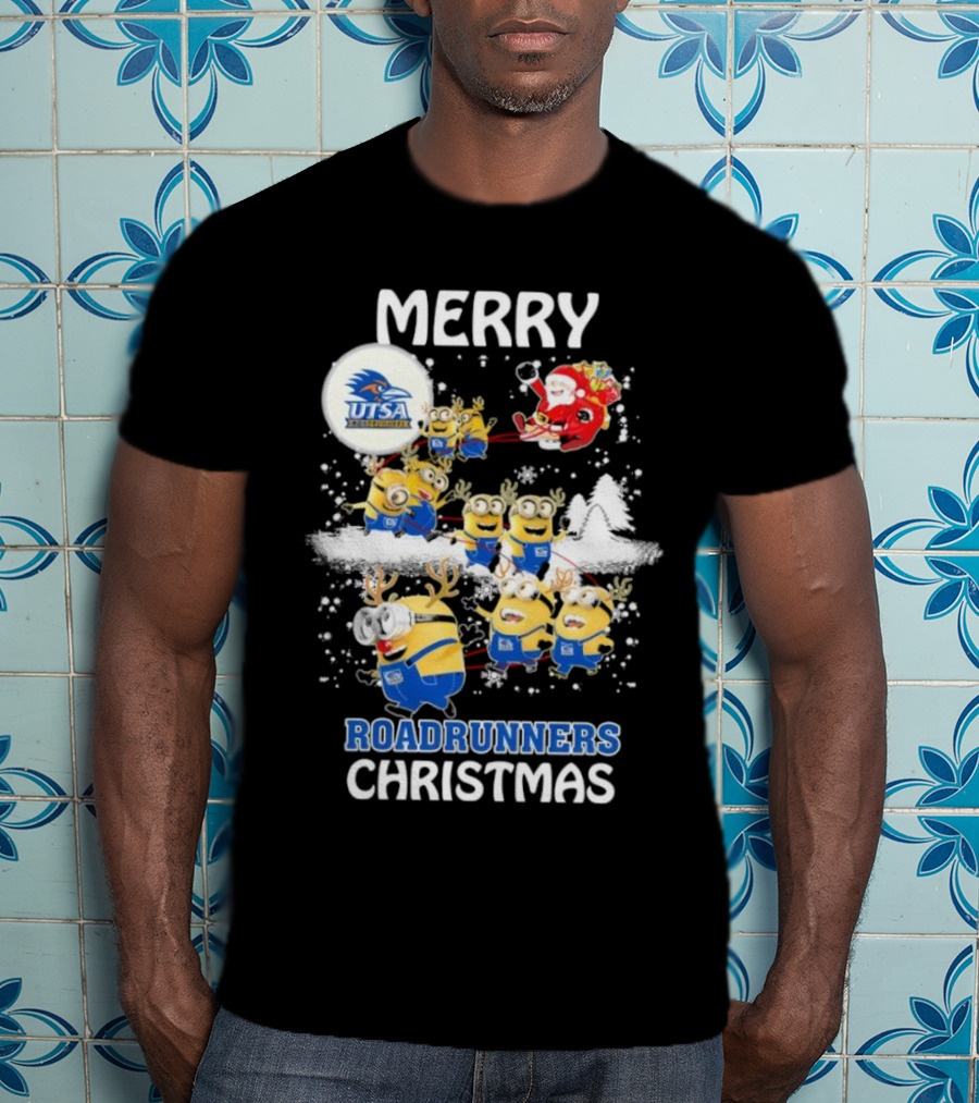 Merry UTSA Roadrunners Minions Christmas With Santa And Reindeer T-Shirt