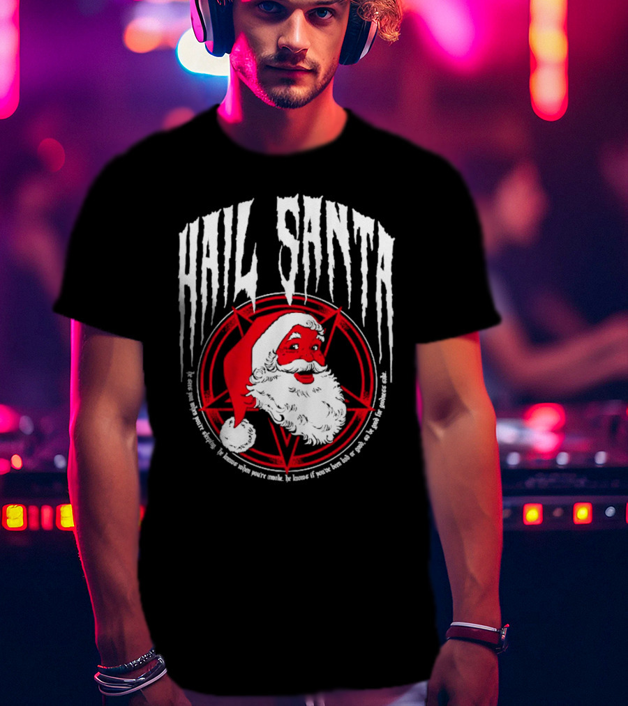 Hail Santa Evil Christmas Pentagram Santa Hat T-Shirt