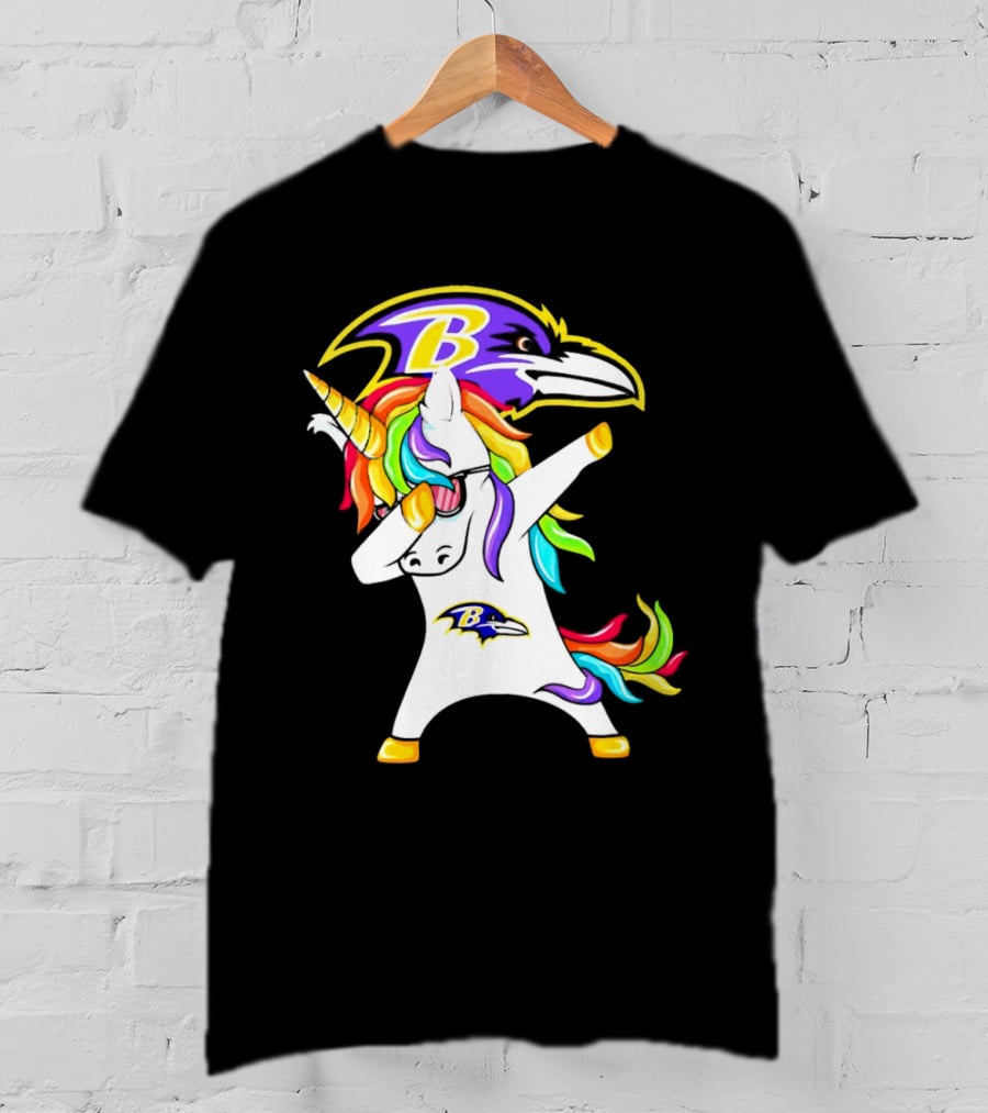 Unicorn Dabbing With Baltimore Ravens Logo And Rainbow Mane T-Shirt