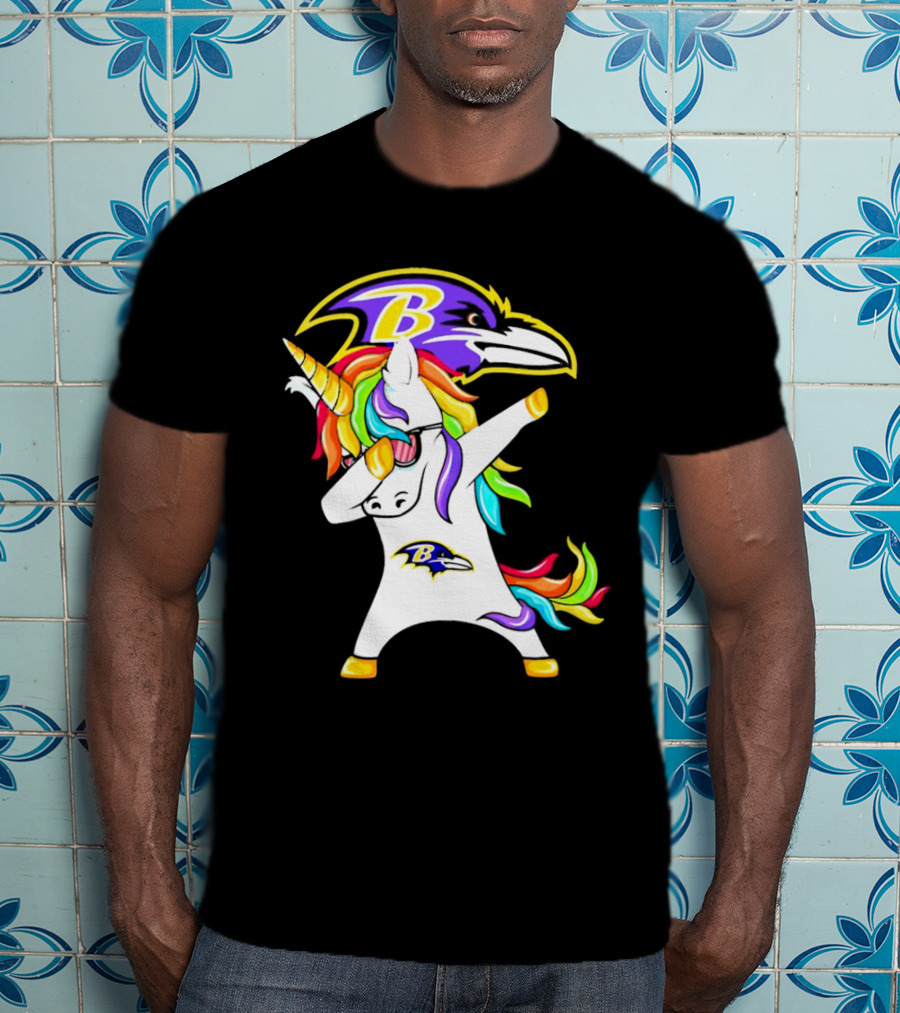 Unicorn Dabbing With Baltimore Ravens Logo And Rainbow Mane T-Shirt