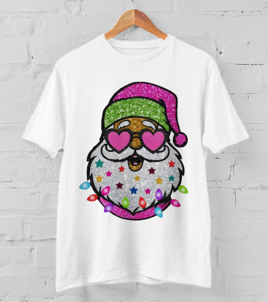 Glittery Pink Santa Claus With Heart Sunglasses And Colorful Stars And Holiday Lights T-Shirt