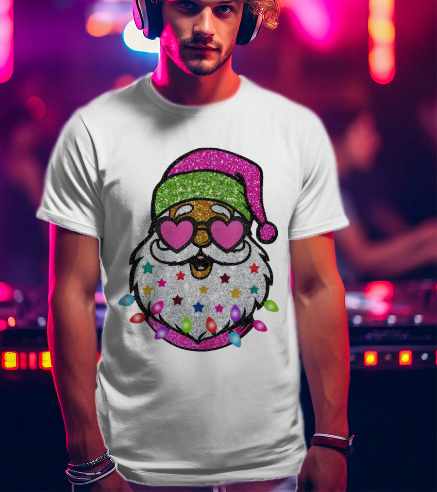 Glittery Pink Santa Claus With Heart Sunglasses And Colorful Stars And Holiday Lights T-Shirt