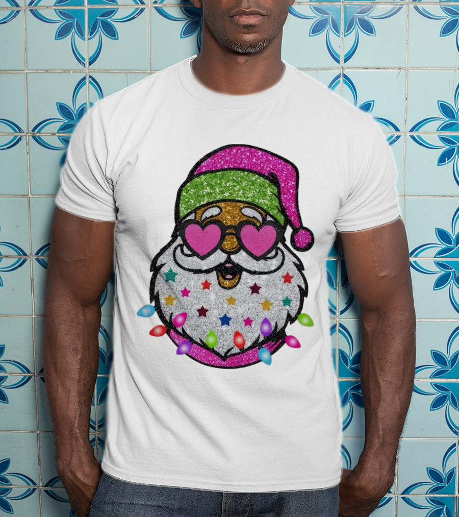 Glittery Pink Santa Claus With Heart Sunglasses And Colorful Stars And Holiday Lights T-Shirt