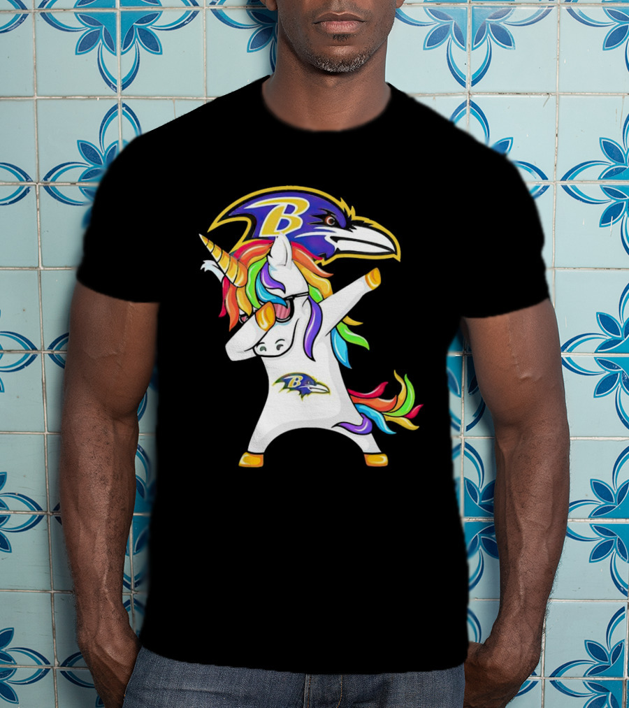 Unicorn Dabbing Baltimore Ravens Emblem Rainbow Colors T-Shirt