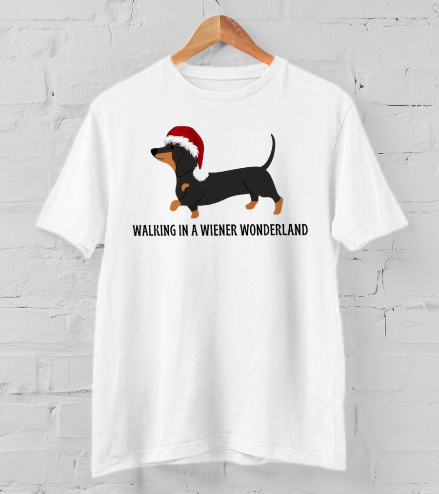 Christmas Walking In A Wiener Wonderland Dachshund With Santa Hat T-Shirt