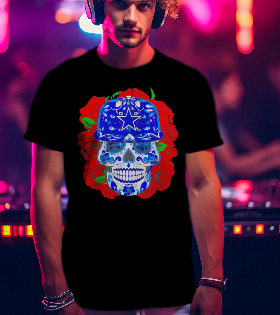 Dallas Cowboys Sugar Skull With Blue Star Hat And Roses T-Shirt