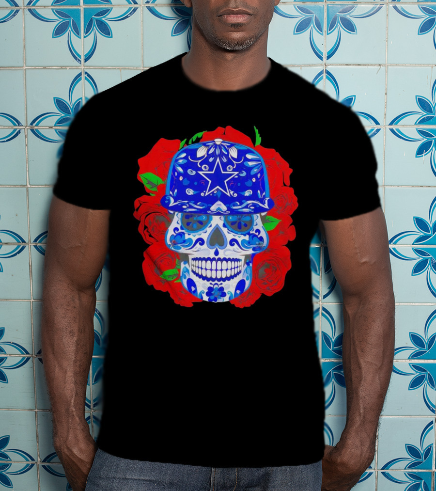 Dallas Cowboys Sugar Skull With Blue Star Hat And Roses T-Shirt