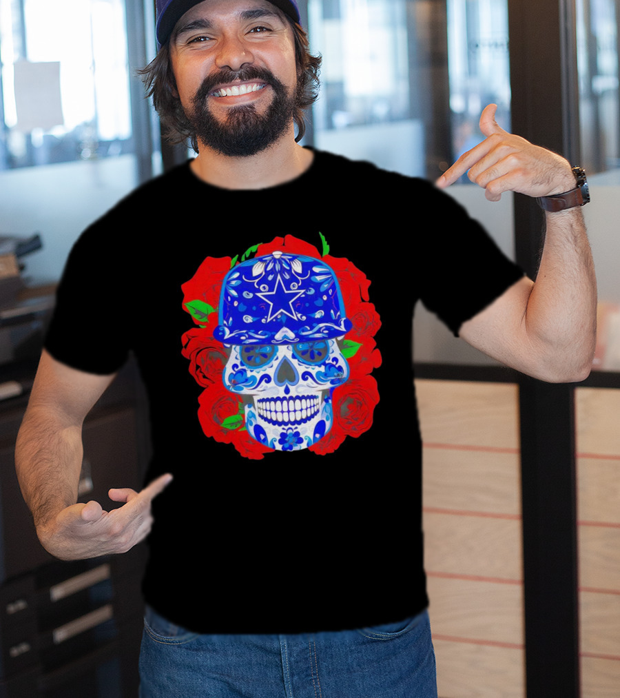 Dallas Cowboys Sugar Skull With Blue Star Hat And Roses T-Shirt