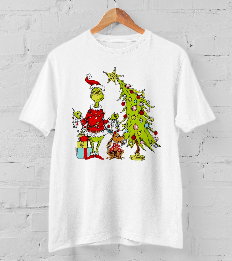 Grinch In Santa Hat And Dog With Christmas Tree And Presents T-Shirt
