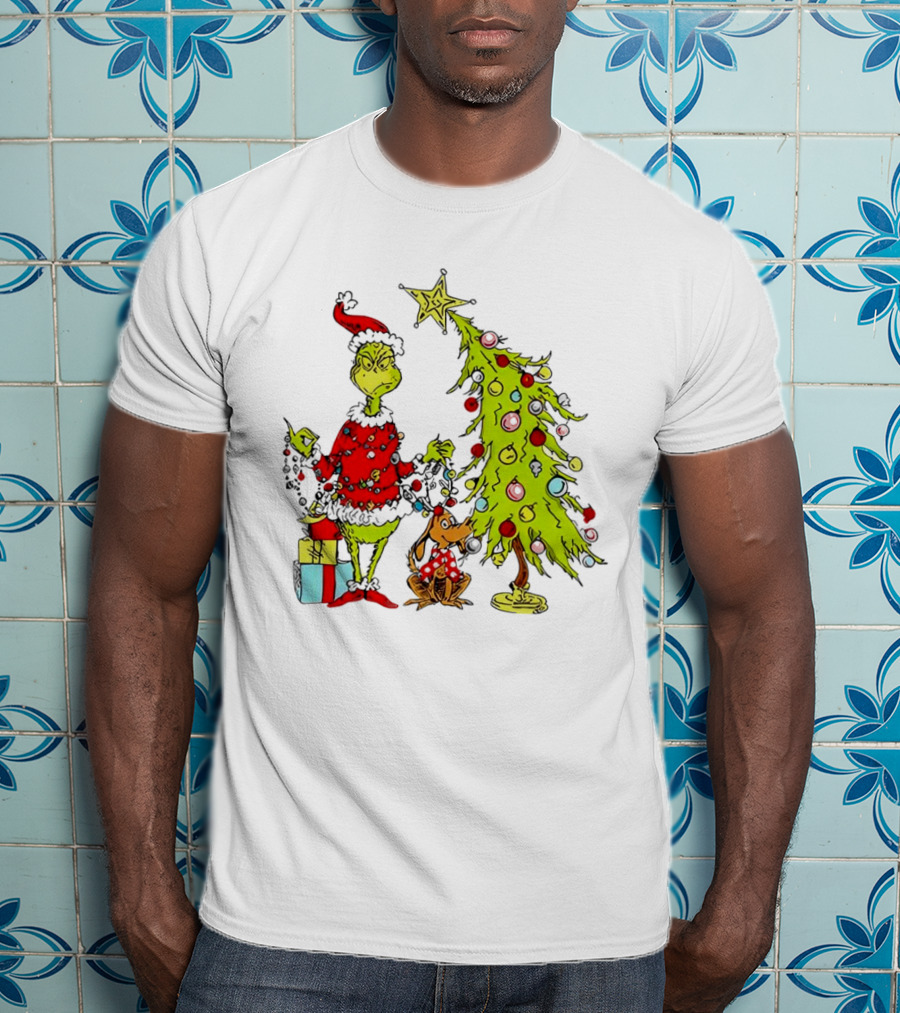 Grinch In Santa Hat And Dog With Christmas Tree And Presents T-Shirt
