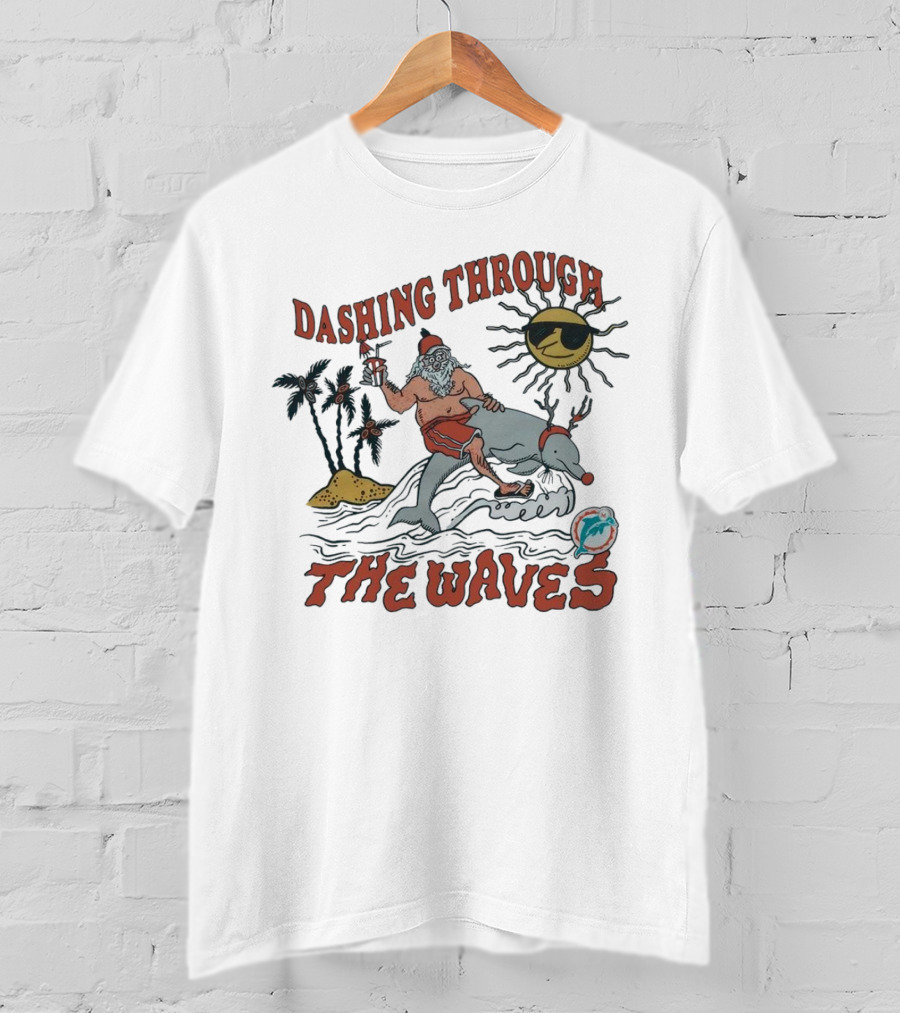 Dashing Through The Waves Miami Dolphins Christmas Santa Riding Dolphin T-Shirt