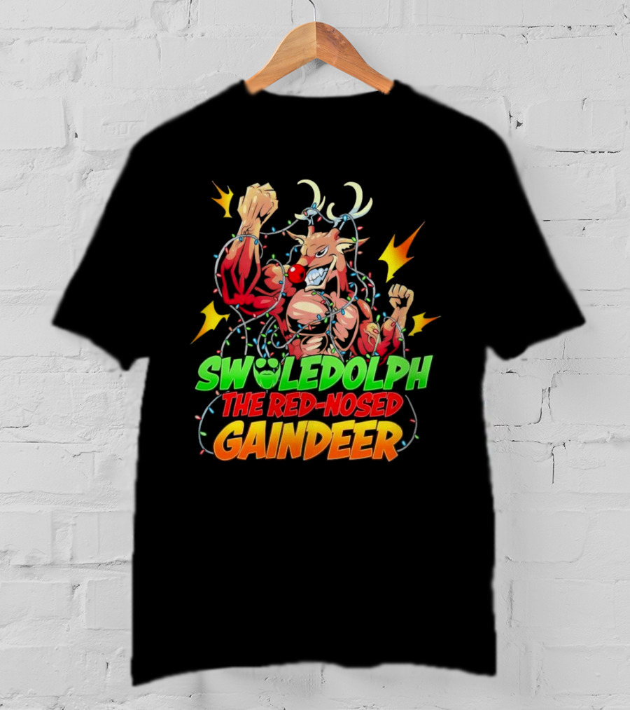 Swoledolph The Red-Nosed Gaindeer Christmas Lights Flexing T-Shirt
