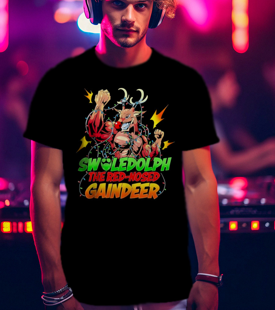 Swoledolph The Red-Nosed Gaindeer Christmas Lights Flexing T-Shirt