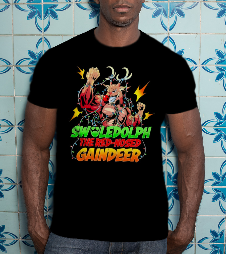 Swoledolph The Red-Nosed Gaindeer Christmas Lights Flexing T-Shirt