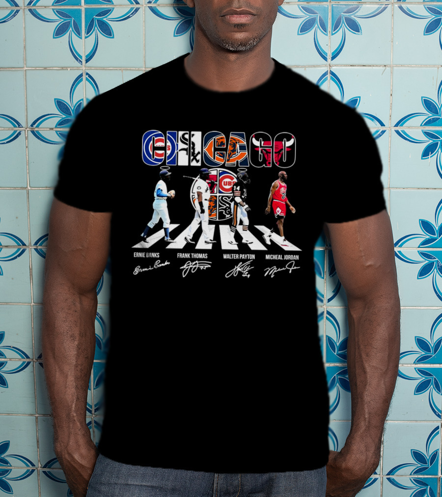 Chicago Cubs Bears Bulls Abbey Road Ernie Banks Frank Thomas Walter Payton Michael Jordan Signatures T-Shirt