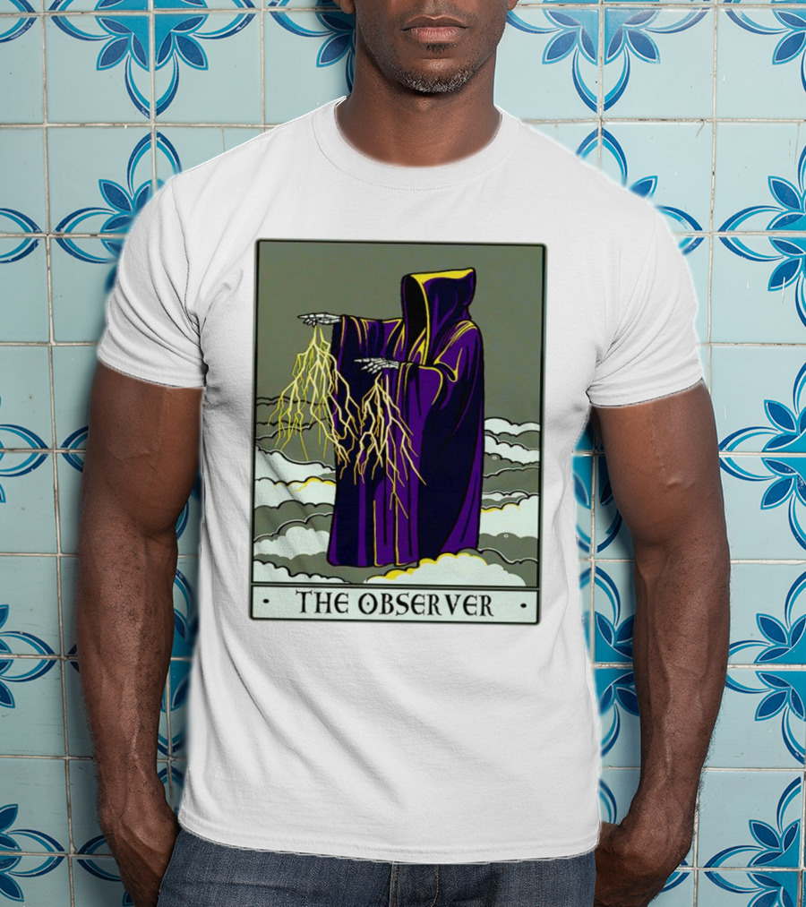 The Observer Hooded Figure With Lightning Tarot Card T-Shirt