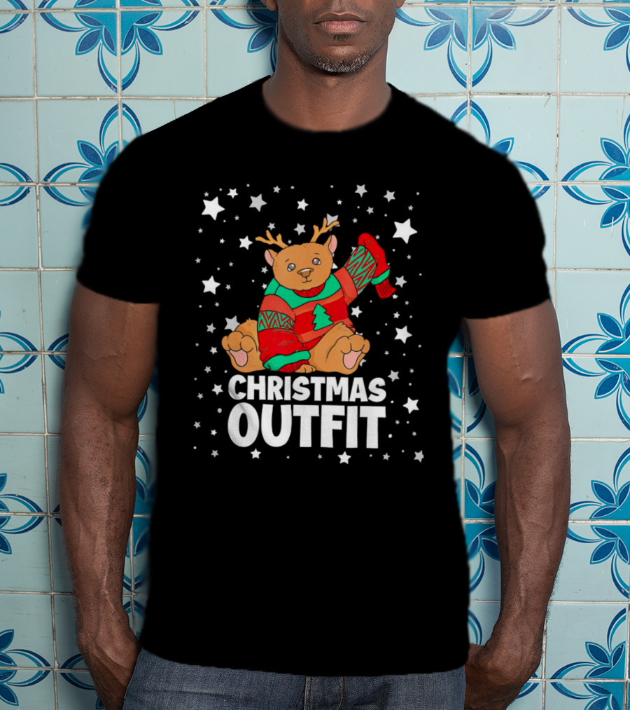 Bear Reindeer Christmas Outfit With Festive Sweater And Stars T-Shirt