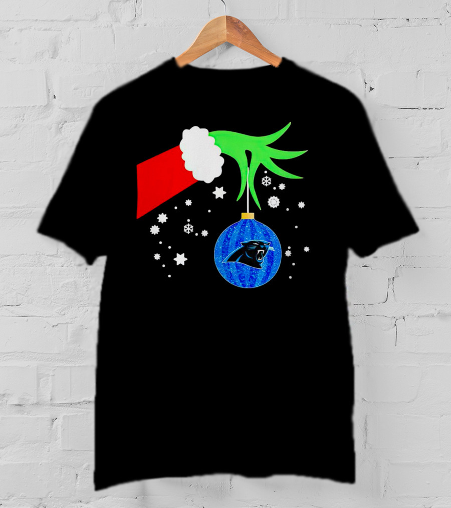 The Grinch Holding Carolina Panthers Christmas Ornament With Snowflakes T-Shirt