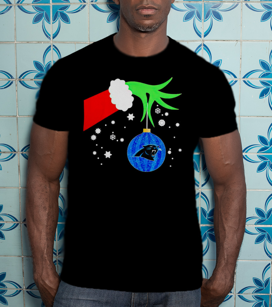 The Grinch Holding Carolina Panthers Christmas Ornament With Snowflakes T-Shirt