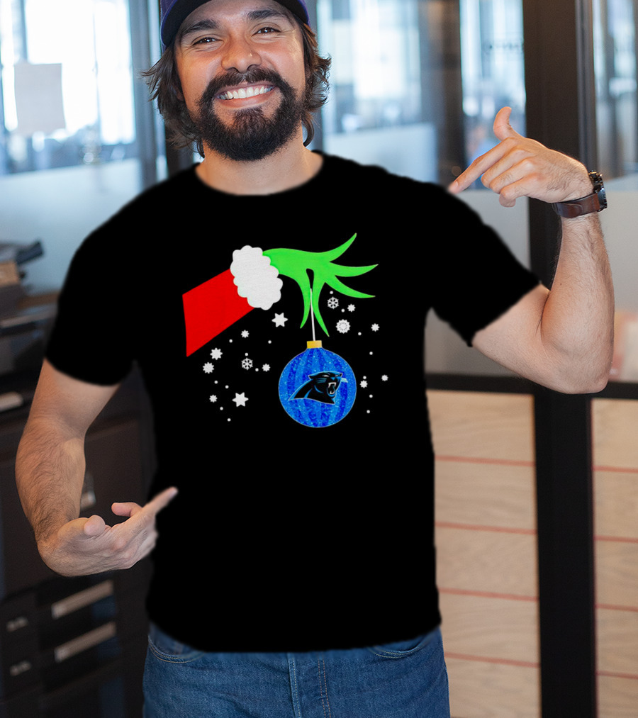 The Grinch Holding Carolina Panthers Christmas Ornament With Snowflakes T-Shirt