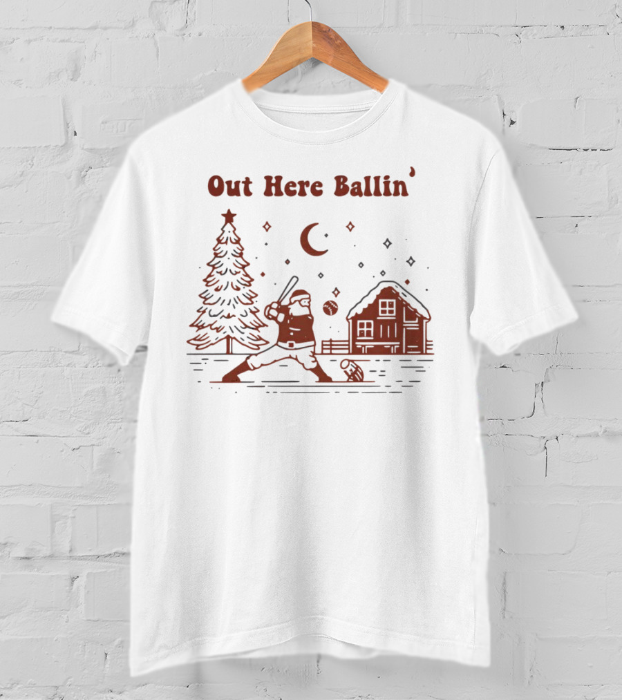 Out Here Ballin' Santa Playing Baseball Christmas Scene T-Shirt