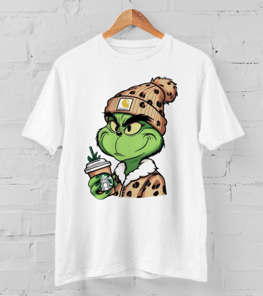 Grinch Boujee Leopard Coffee Cozy Winter T-Shirt