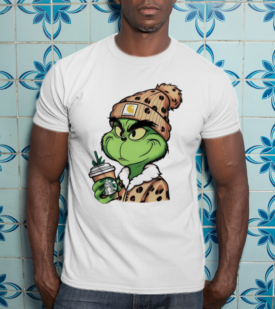 Grinch Boujee Leopard Coffee Cozy Winter T-Shirt