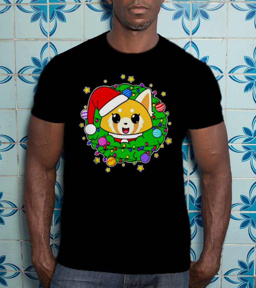 Aggressively Merry Christmas Kawaii Red Panda With Santa Hat In Holiday Wreath T-Shirt