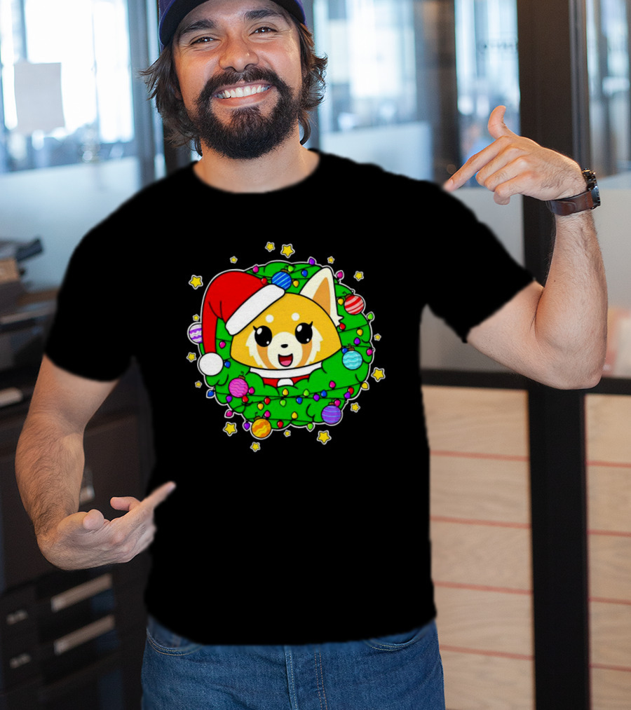 Aggressively Merry Christmas Kawaii Red Panda With Santa Hat In Holiday Wreath T-Shirt