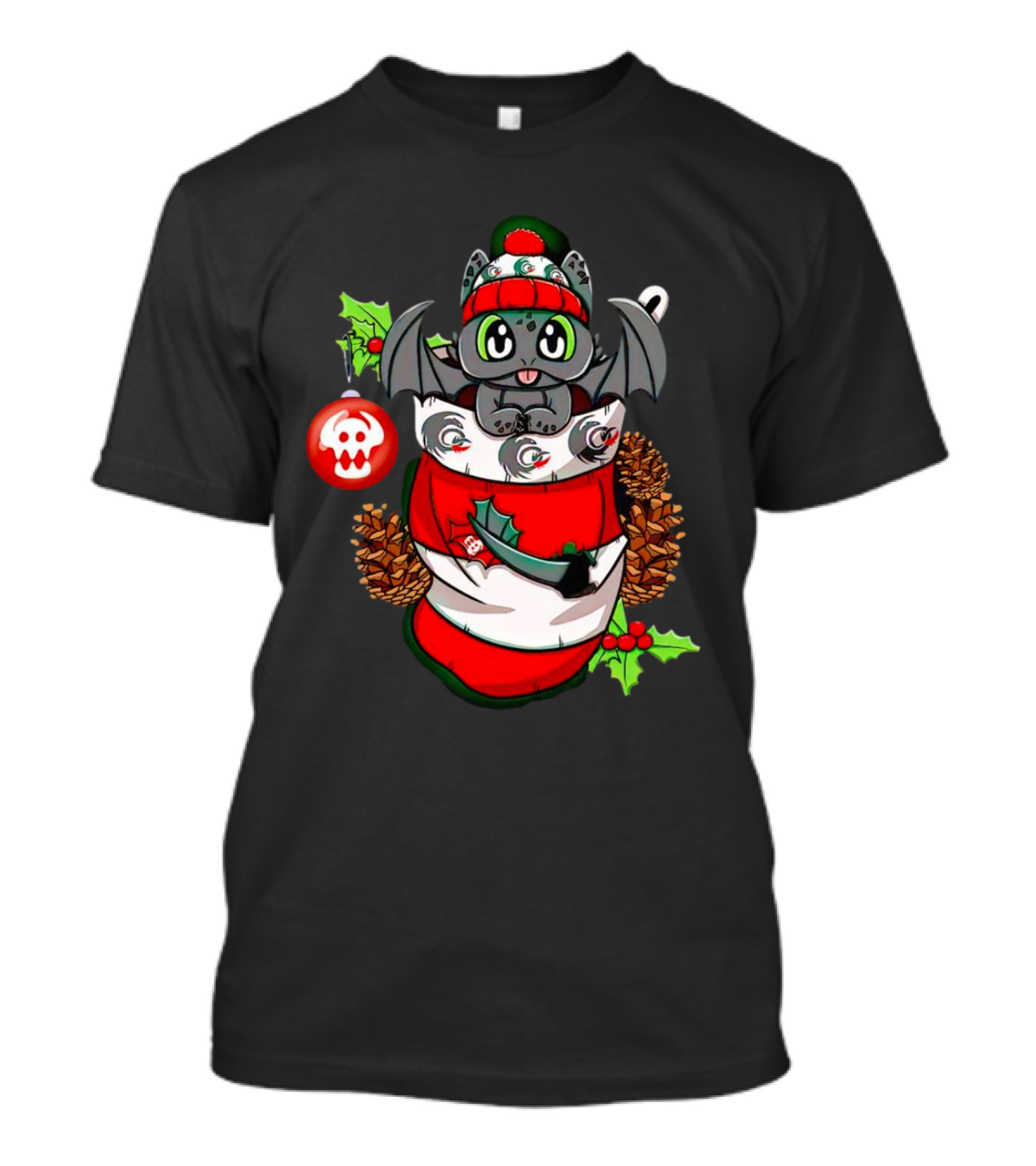 Baby Dragon Holiday Stocking With Skull Ornament And Pinecones T-Shirt