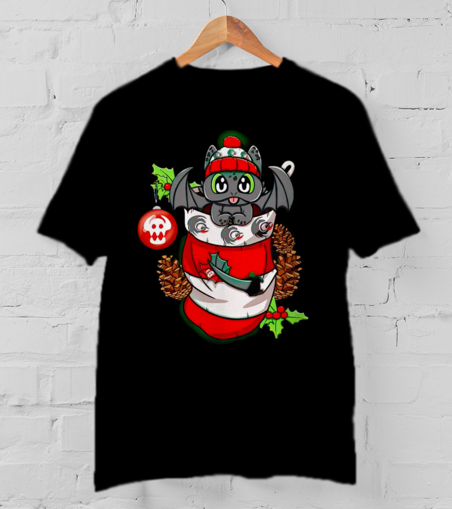 Baby Dragon Holiday Stocking With Skull Ornament And Pinecones T-Shirt