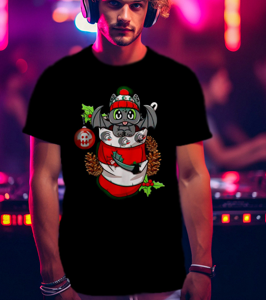 Baby Dragon Holiday Stocking With Skull Ornament And Pinecones T-Shirt