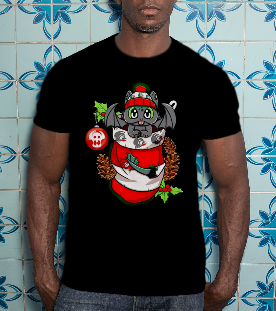 Baby Dragon Holiday Stocking With Skull Ornament And Pinecones T-Shirt