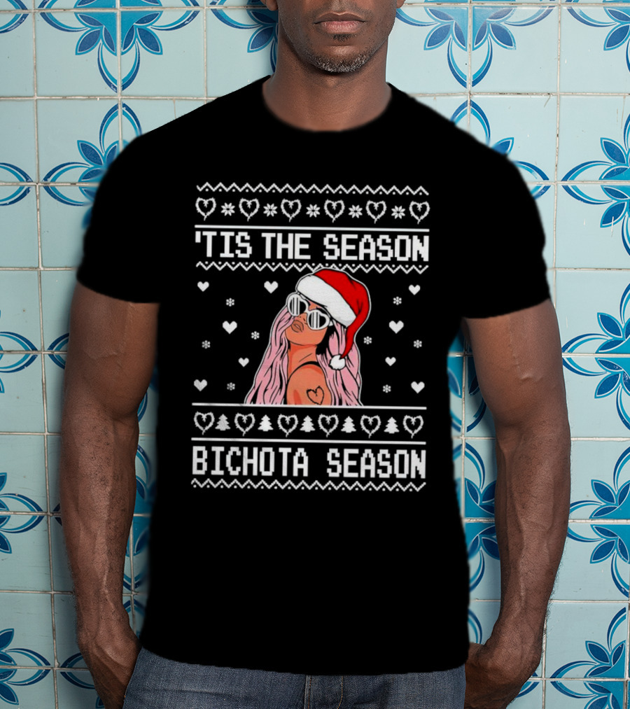 Bichota Season 'Tis The Season Christmas Santa Hat Hearts And Snowflakes T-Shirt