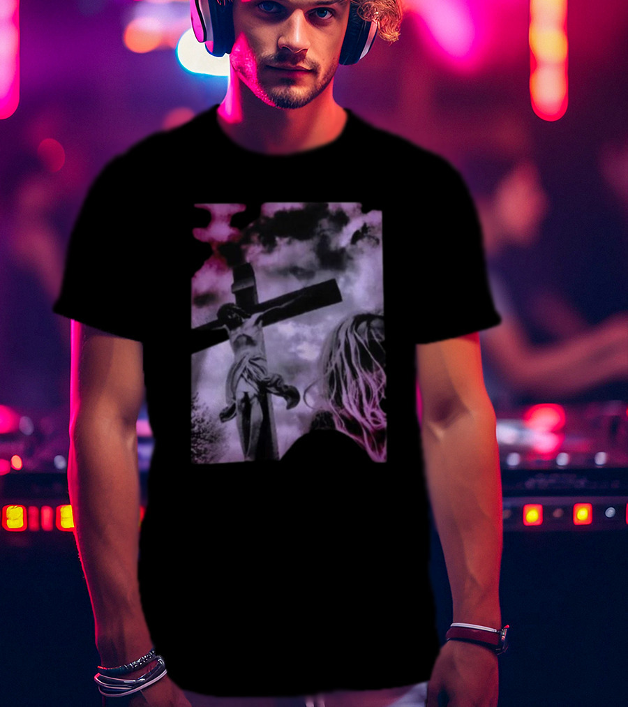 Zakk Wylde Jesus Crucifixion Image With Dark Sky And Blonde Hair Motif T-Shirt