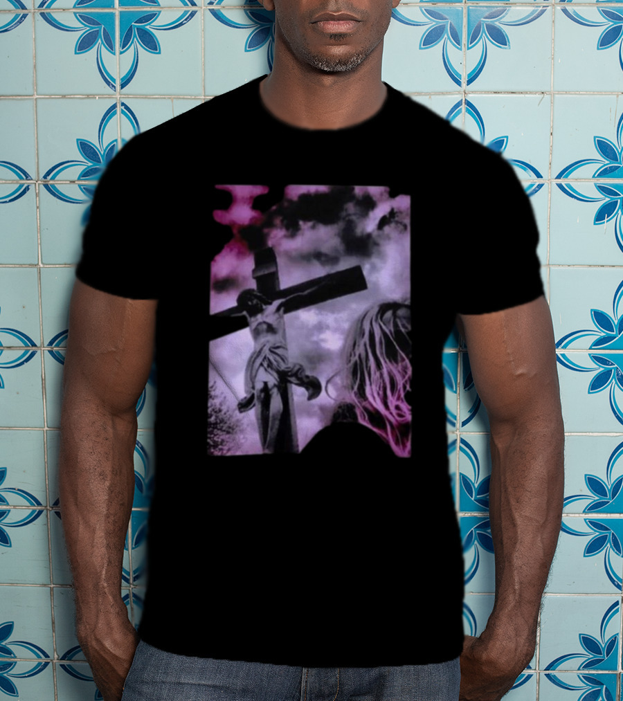 Zakk Wylde Jesus Crucifixion Image With Dark Sky And Blonde Hair Motif T-Shirt