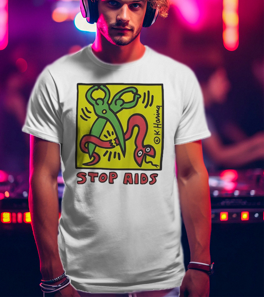 Keith Haring Stop Aids Scissors Cutting Snake T-Shirt