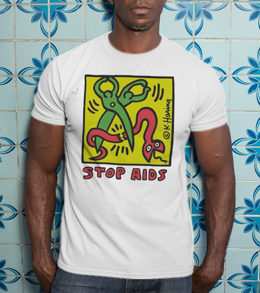 Keith Haring Stop Aids Scissors Cutting Snake T-Shirt