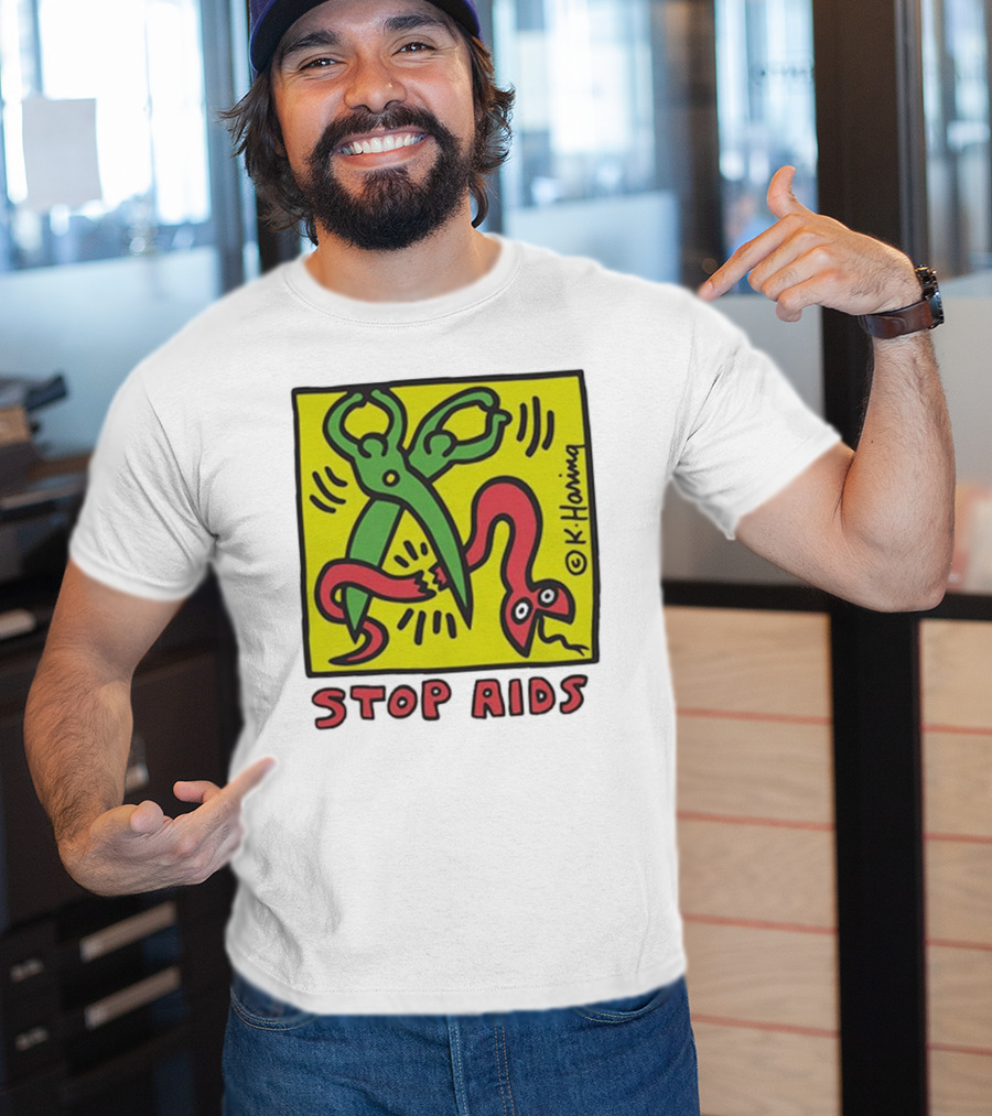 Keith Haring Stop Aids Scissors Cutting Snake T-Shirt
