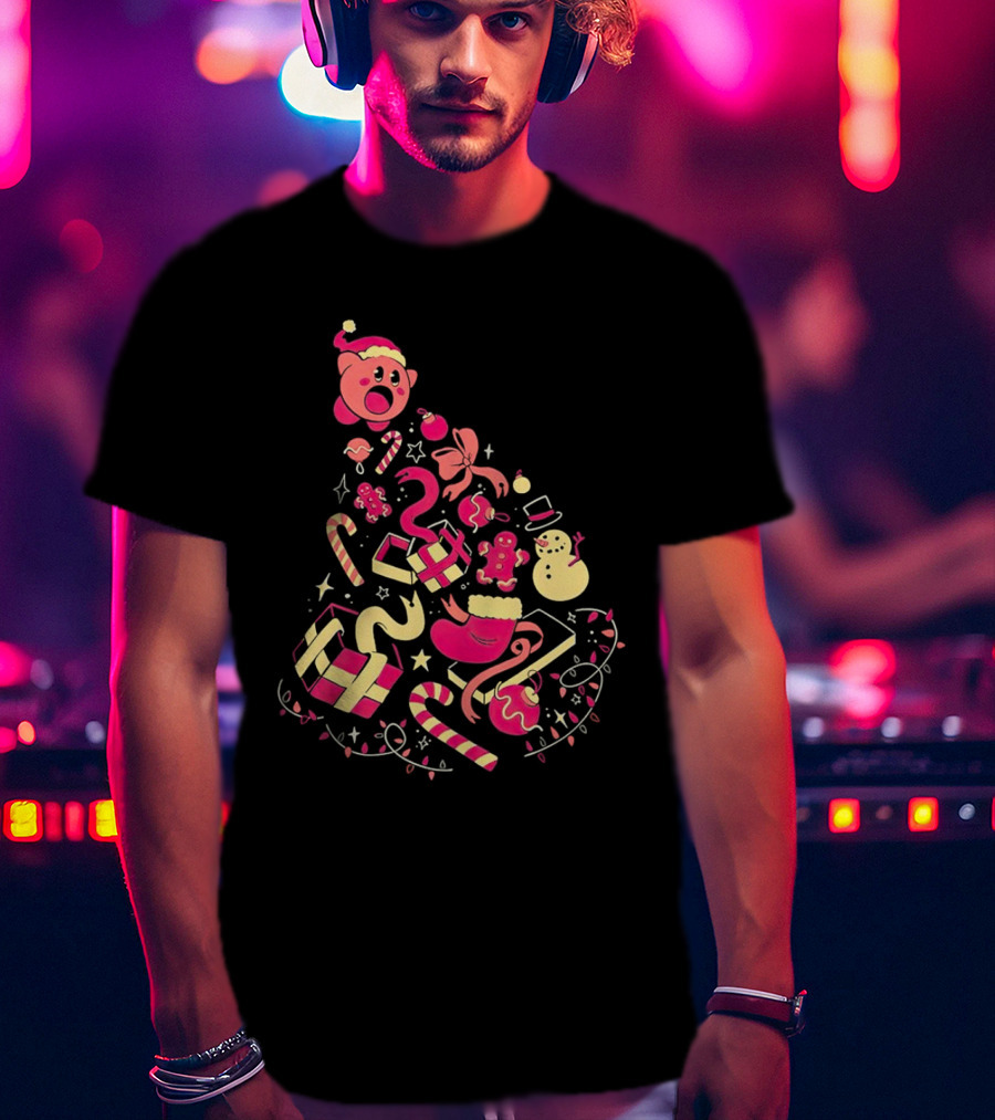 Kirby Christmas Santa Hat And Holiday Icons T-Shirt
