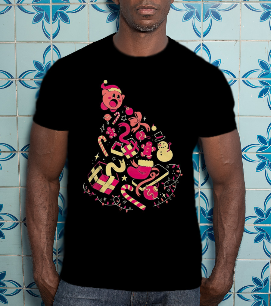 Kirby Christmas Santa Hat And Holiday Icons T-Shirt