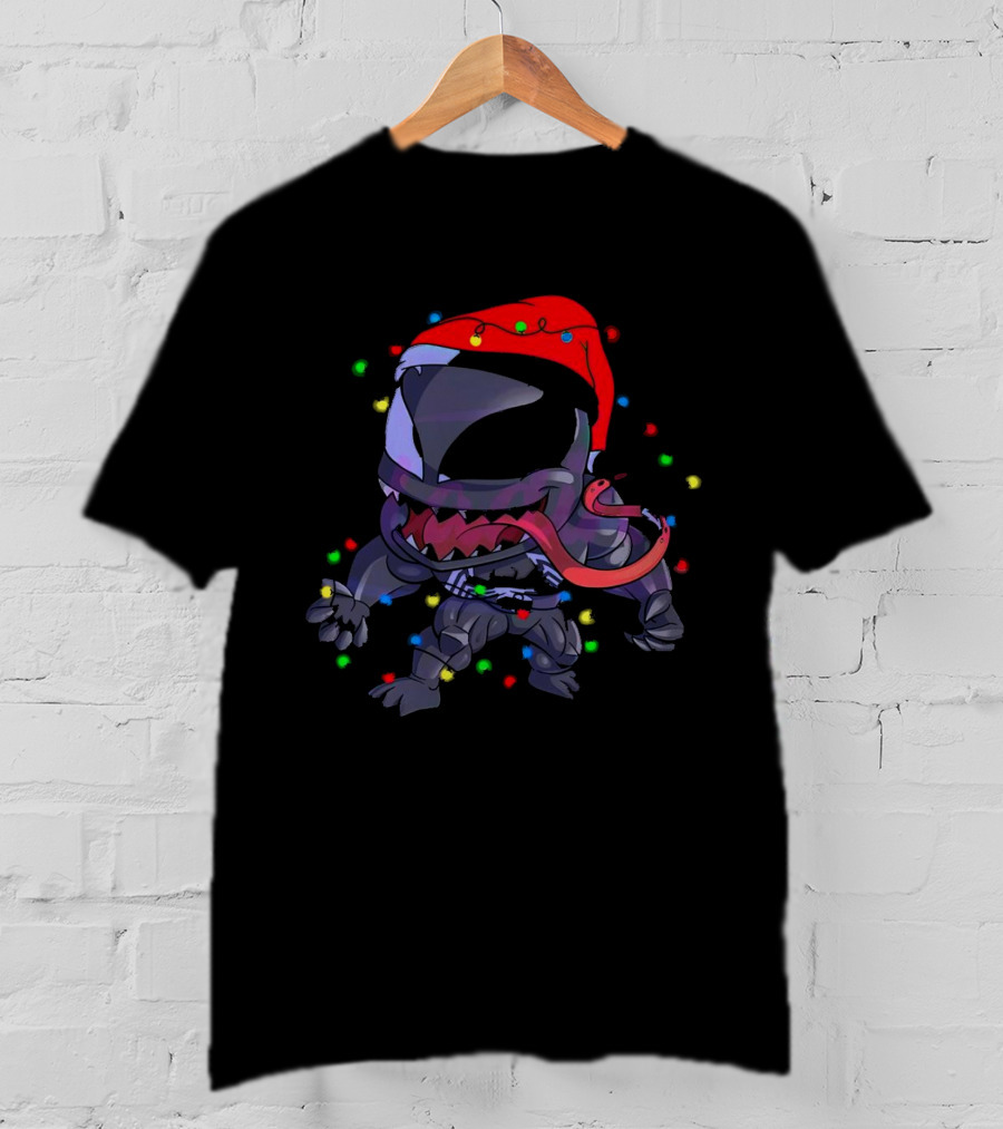 Venom Spiderman Marvel Christmas Lights Santa Hat T-Shirt