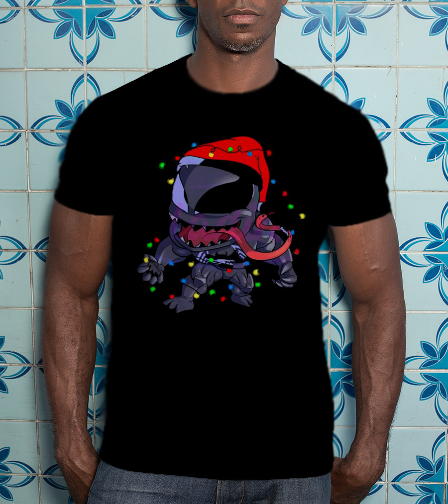 Venom Spiderman Marvel Christmas Lights Santa Hat T-Shirt