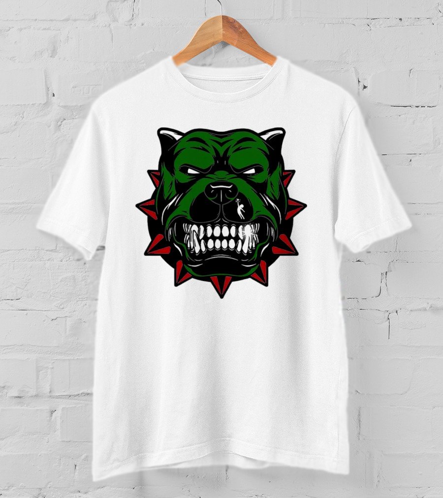 Angry Pitbull With Green Face And Red Spiked Collar Merry Christmas T-Shirt