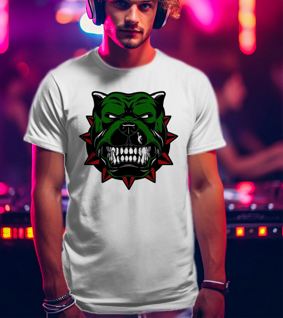 Angry Pitbull With Green Face And Red Spiked Collar Merry Christmas T-Shirt