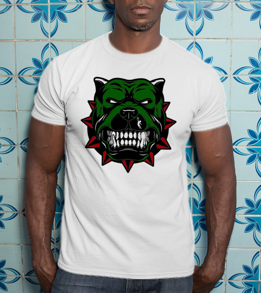 Angry Pitbull With Green Face And Red Spiked Collar Merry Christmas T-Shirt
